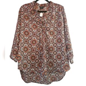 Rue 21 Tunic Top Floral Medallion Roll Tab BOHO Hi-low Lace Up Neck